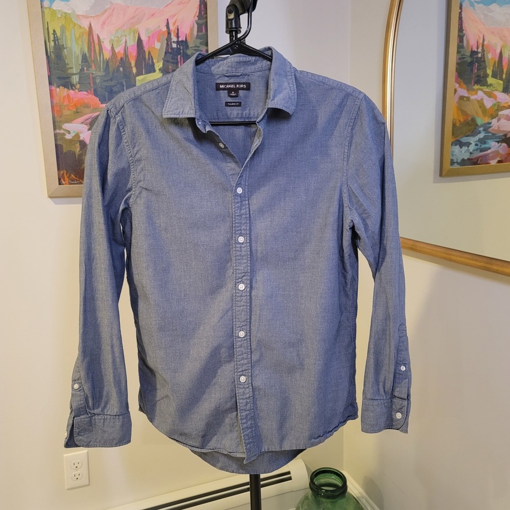Michael Kors Mens Tailored Fit Blue Cotton Chambray Button Down Shirt Size M